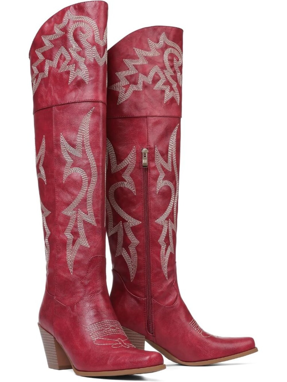 Women's Red Thigh High Chunky Heel Pointed Toe Western Embroidery Cowgirl Boots